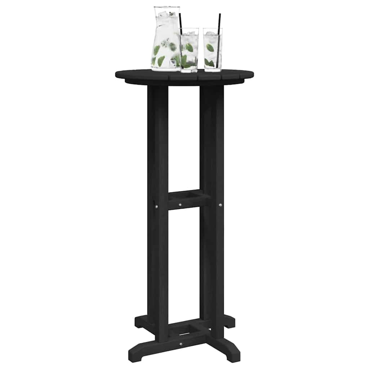 Una mesa de bar negra con tapa redonda. Encima, una jarra y dos vasos con bebidas y pajitas.