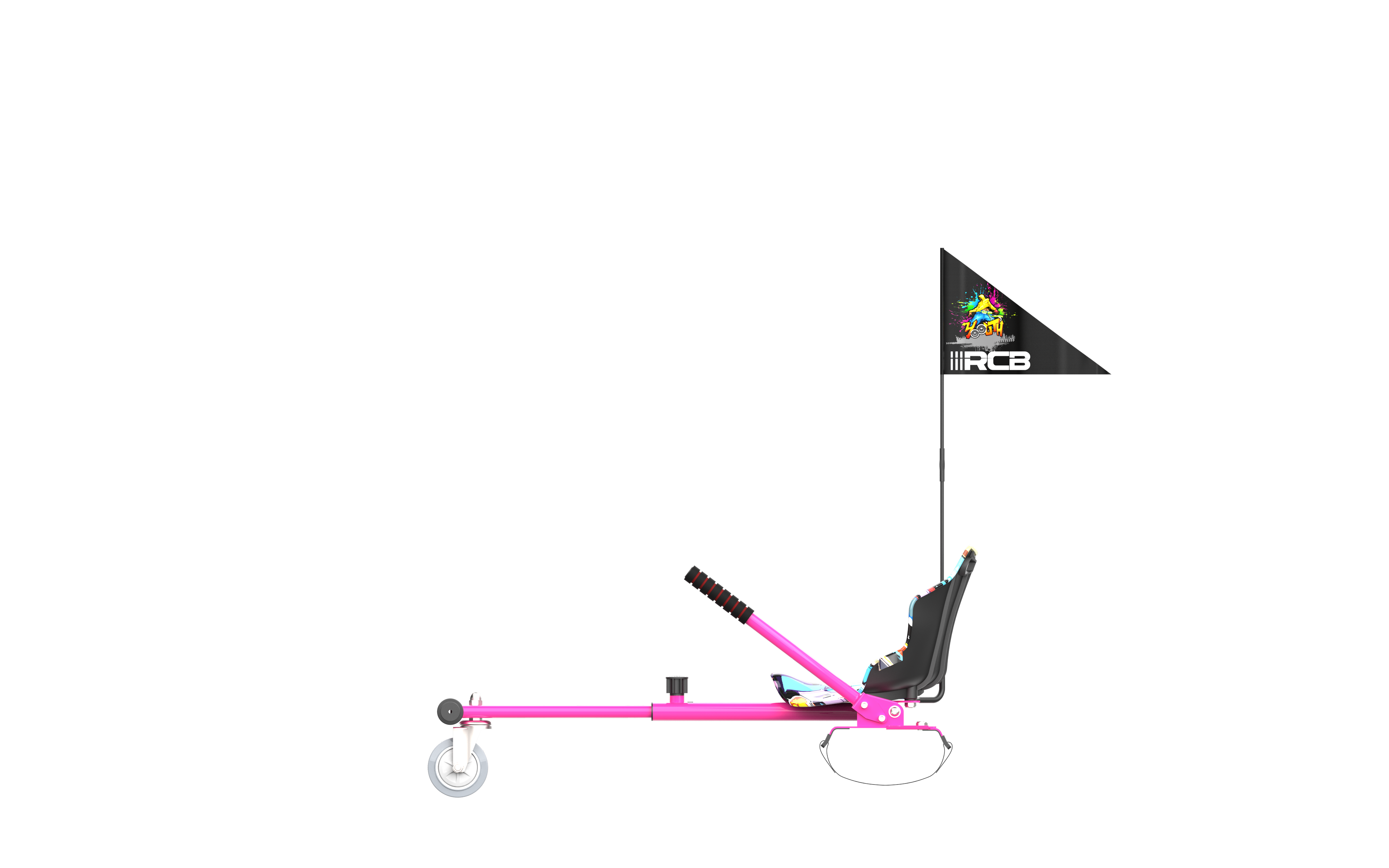 Ein pinkfarbener Go-Kart mit einer Flagge mit farbenfroher Kunst und den Buchstaben "RCB" auf schwarzem Grund.