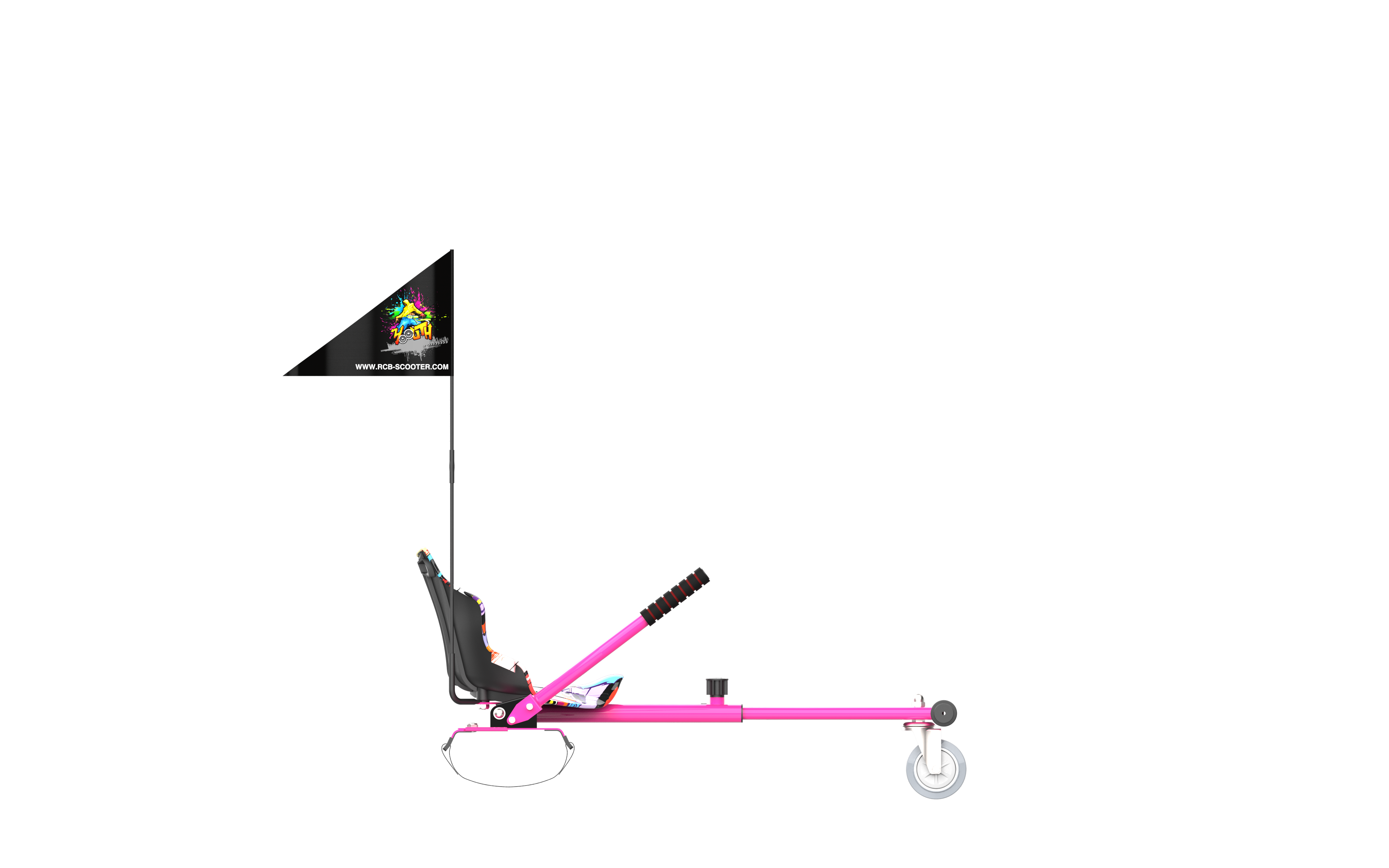 Pinkfarbener Sitzroller mit Fahne. Schwarzer Hintergrund. Die Fahne hat ein farbenfrohes Design und www.rcb-scooter.com.
