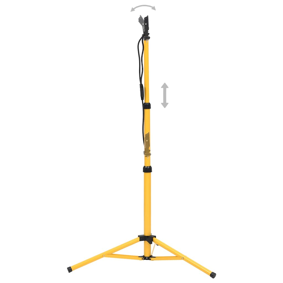 Eine gelbe Stativ-Arbeitsleuchte auf weißem Hintergrund. Das Licht und der Ständer sind verstellbar. Ein schwarzes Kabel verläuft die Stange hinauf.