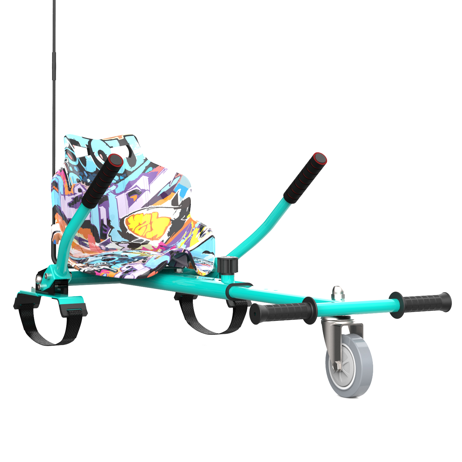 Ein türkisgrüner Mobilitätroller mit einem Sitz im Graffiti-Muster, schwarzen Griffen und einem einzelnen Vorderrad. Eine schwarze Stange ragt nach oben.