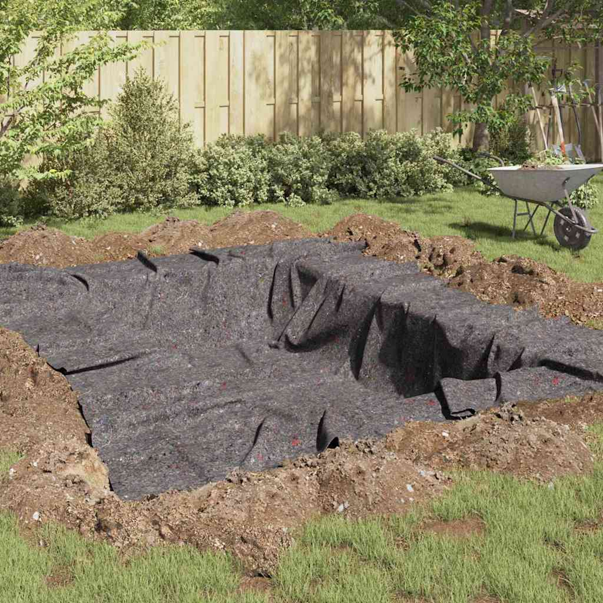 Ein Beet ist mit dunklem Stoff ausgekleidet. Eine Schubkarre und ein Holzzaun sind im Hintergrund. Gras und Erde sind sichtbar.