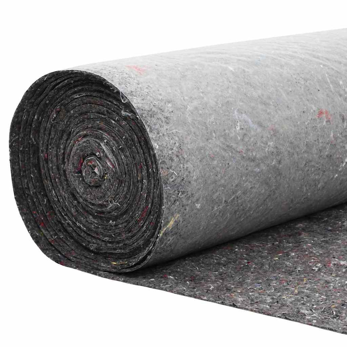 Eine Rolle grauen Filzmaterials mit roten, gelben und weißen Flecken. Der Filz ist eng gerollt und zeigt die Schichten und Textur.