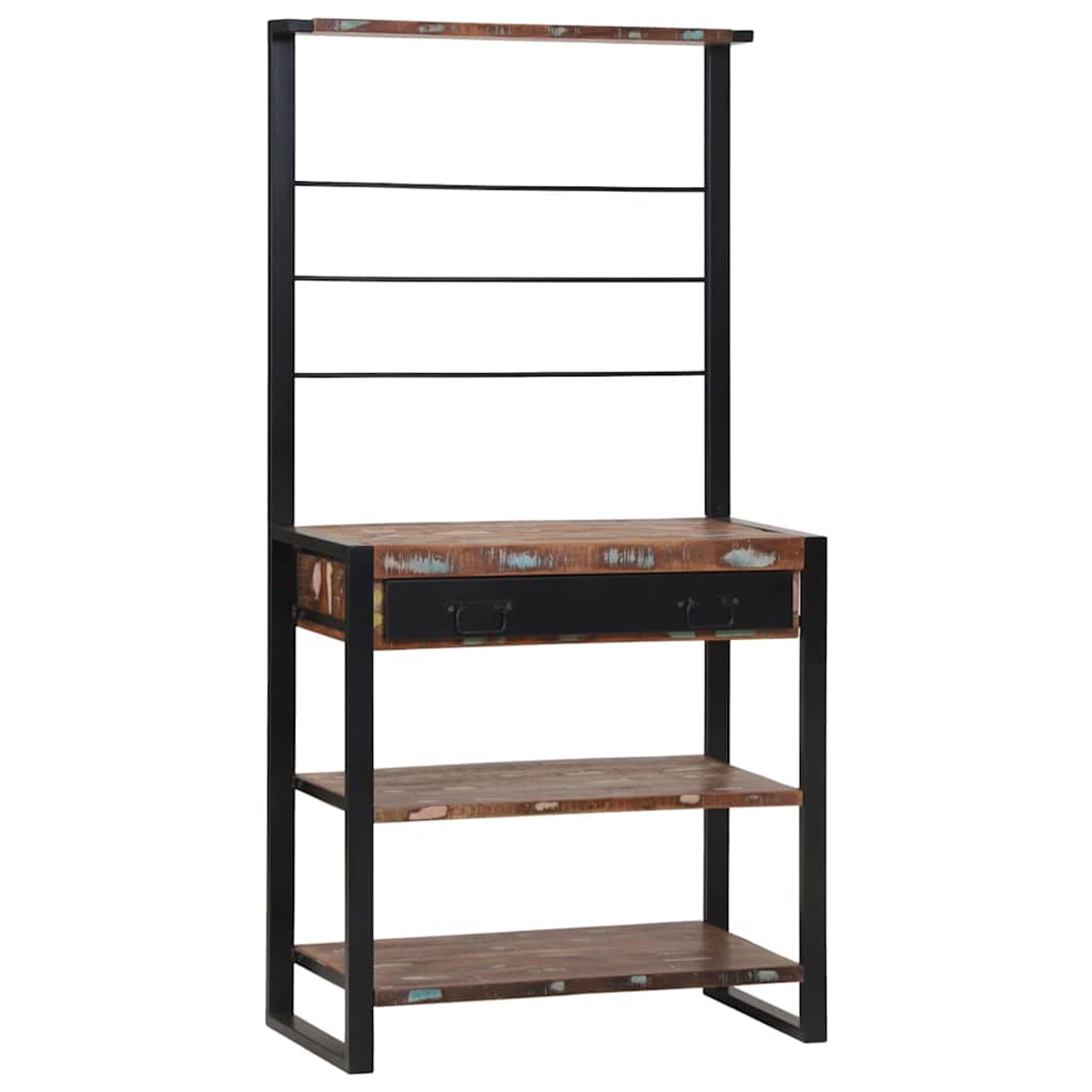 Holzregal mit schwarzem Metallrahmen. Es hat einen Schrank mit zwei Schubladen und mehreren Regalen. Das Holz hat Farbvariationen.