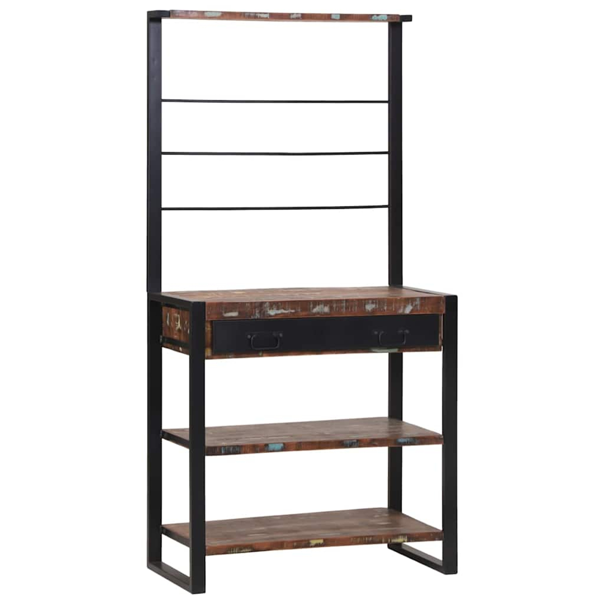Holzregal mit schwarzem Metallrahmen. Es hat Regale, eine Schublade und ein oberes Regal. Das Holz hat eine Mischung aus Farben.