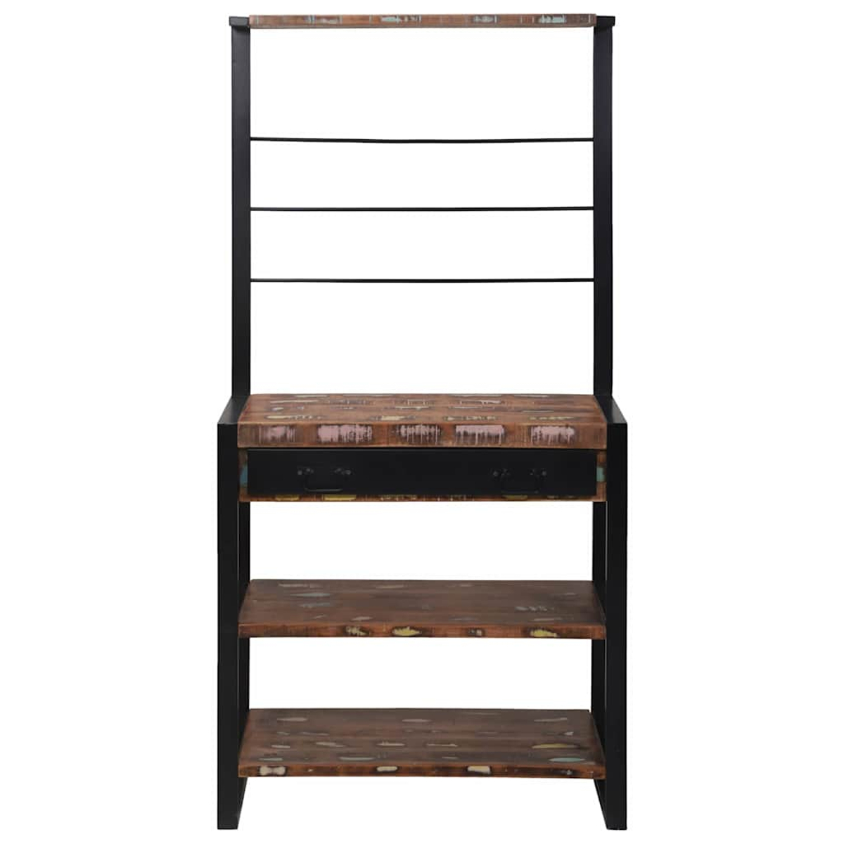 Ein Regal aus Holz und Metall. Es hat ein oberes Regal, drei untere Regale und eine Schublade. Der Rahmen ist schwarz.