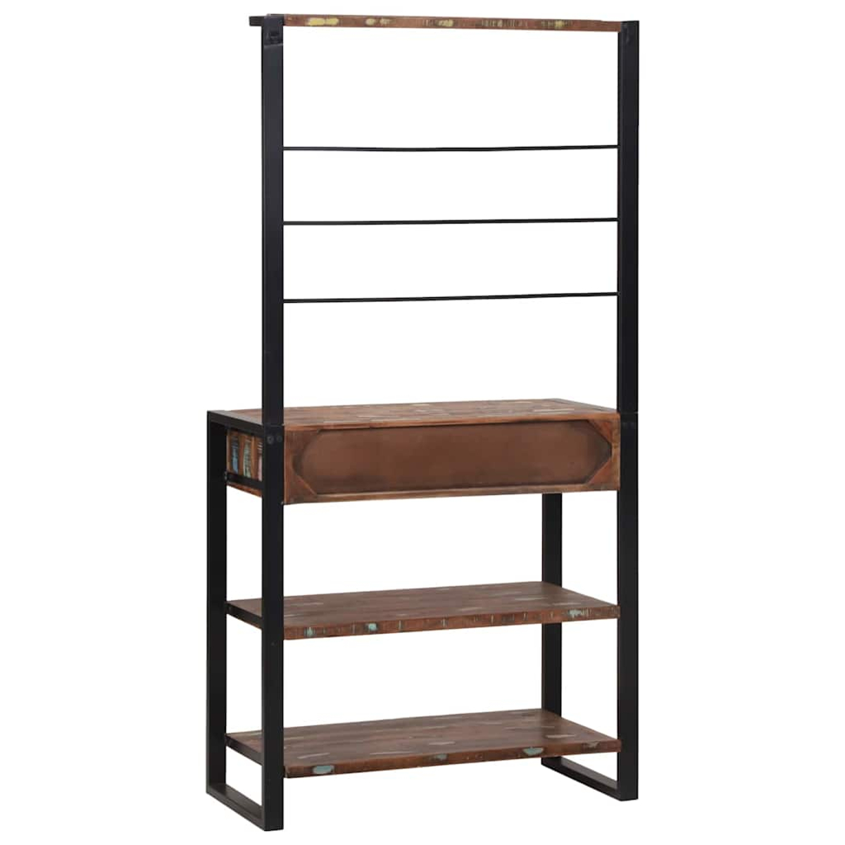 Bücherregal aus Holz und Metall. Es hat eine Schublade und Regale. Der Rahmen ist schwarz, Regale und Schublade sind braun.
