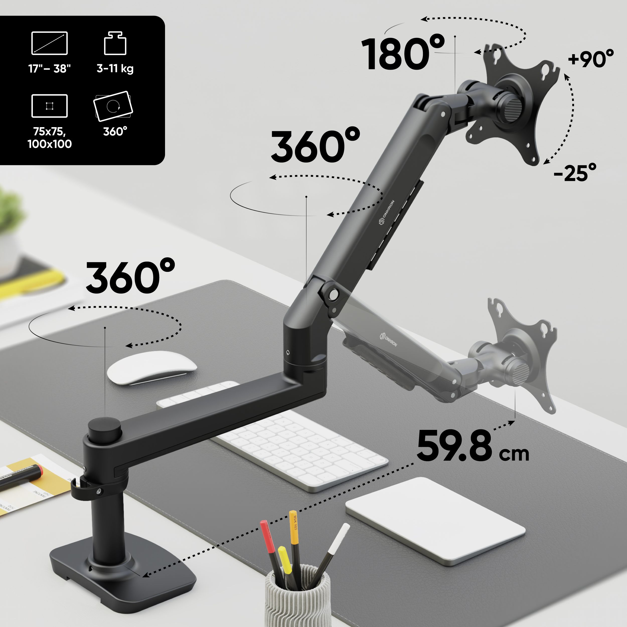 Schwarzer Monitorarm mit Monitor, Tastatur, Maus und Stifthalter auf einem Schreibtisch. Merkmale sind 360- und 180-Grad-Drehung.