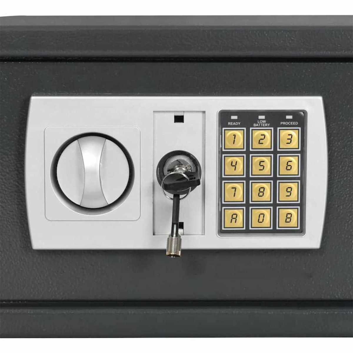 Fronte cassaforte con tastierino, buco della serratura e manopola. Visibili numeri 0-9 e pulsanti 'Ready', 'Low Battery', 'Proceed'.