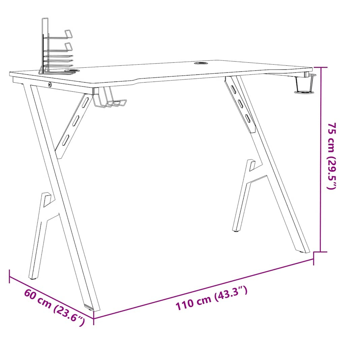 Ein Computertisch mit Becherhalter, Organizer und Kopfhörerhalter wird gezeigt. Abmessungen sind: 110x60x75 cm.