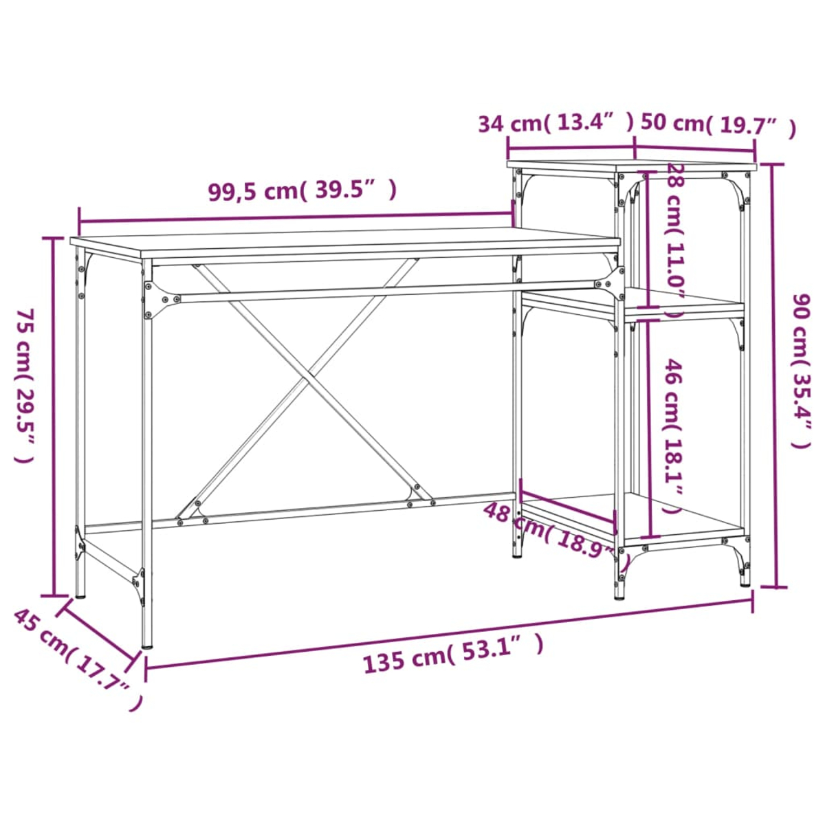 Diagramm eines Schreibtisches mit Maßen. Er hat einen Haupttisch, ein Seitenregal und ein Metallgestell. Maße sind in cm und Zoll angegeben.