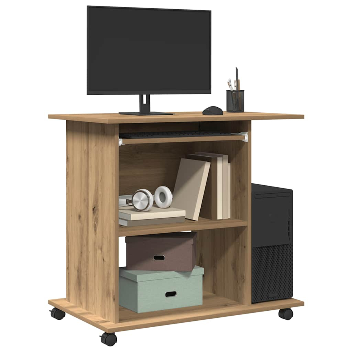 Ein Computertisch aus Holz mit Monitor, Maus, Kopfhörern, Büchern und einem Computer-Tower. Der Tisch hat zwei Regale mit Boxen.