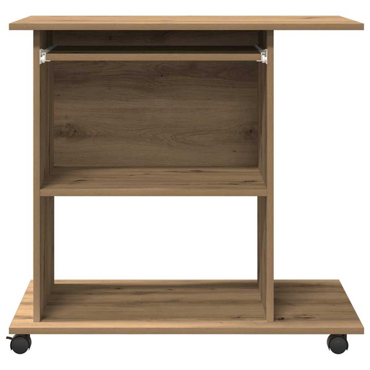 Ein brauner Beistelltisch aus Holz mit einem Regal und einer ausziehbaren Oberfläche. Er hat Räder und ein unteres Regal.
