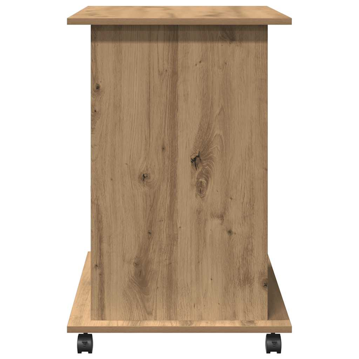Ein Holzschrank mit Rädern. Er ist hellbraun und hat eine obere und untere Ablage. Die Räder sind schwarz.