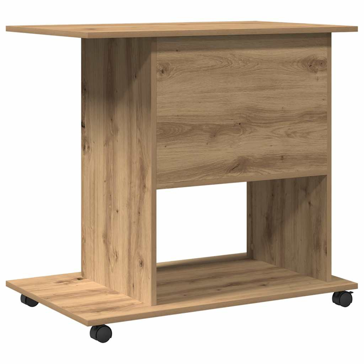 Ein Holztisch mit offenem Regal, Ober- und Unterseite, auf vier schwarzen Rädern. Die Holzmaserung ist sichtbar.
