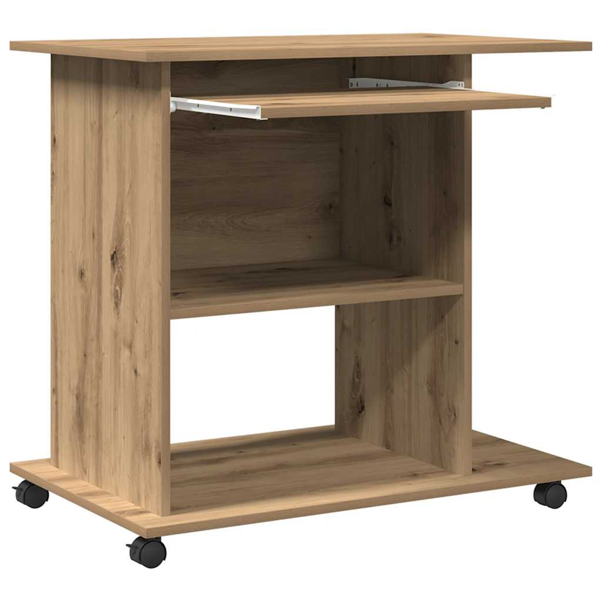 Ein hölzerner Computertisch auf Rädern. Er hat eine ausziehbare Tastaturablage, Regale und eine obere Fläche. Das Holz hat eine natürliche Maserung.