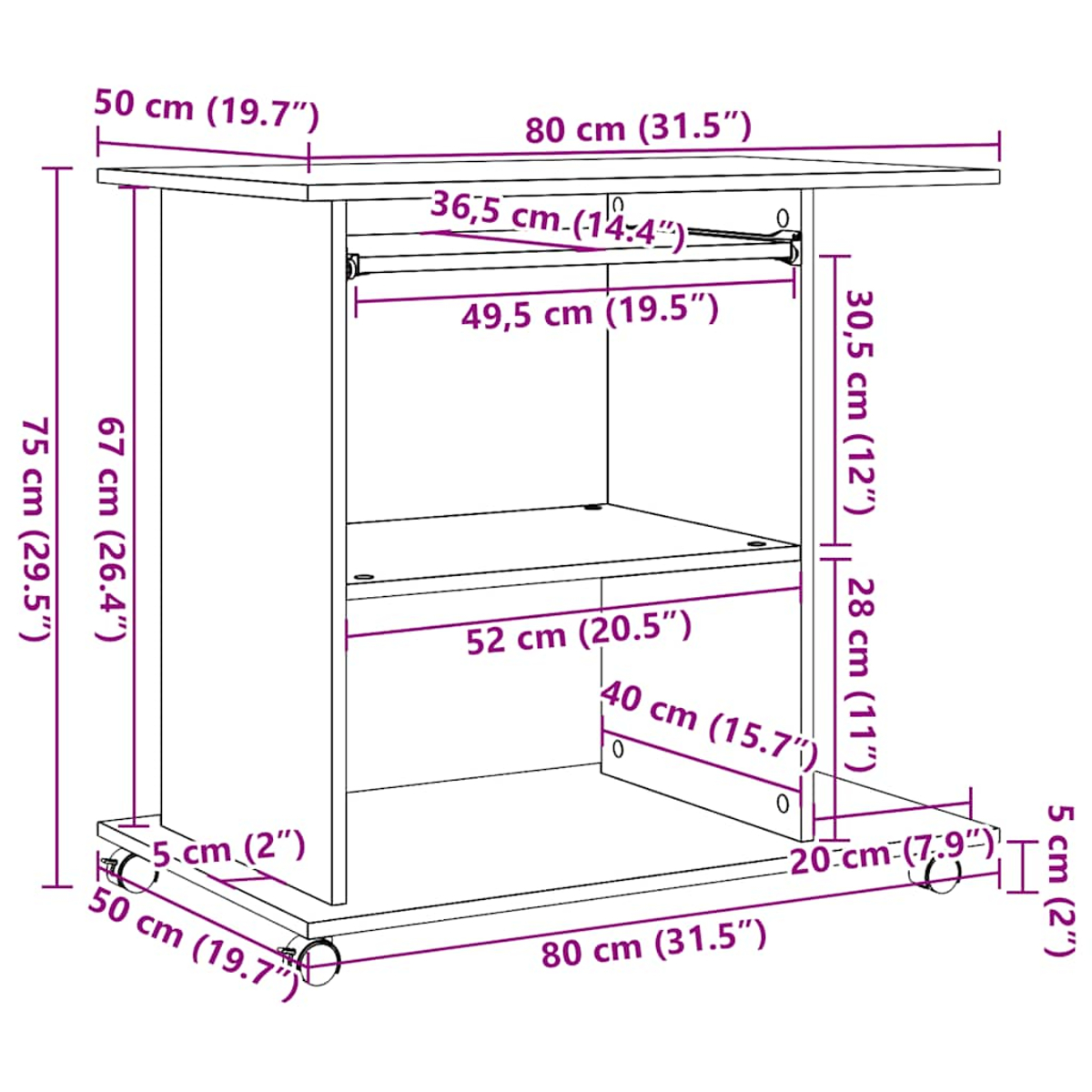 Ein Holzschrank mit Maßangaben. Er hat zwei Regale, eine Schublade und Räder. Die Maße sind in cm und Zoll angegeben.
