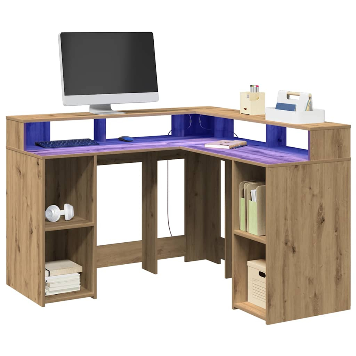 Ein hölzerner L-förmiger Schreibtisch mit Computer, Tastatur und Maus. Er hat Regale, Schubladen und blaue und violette Umgebungsbeleuchtung.