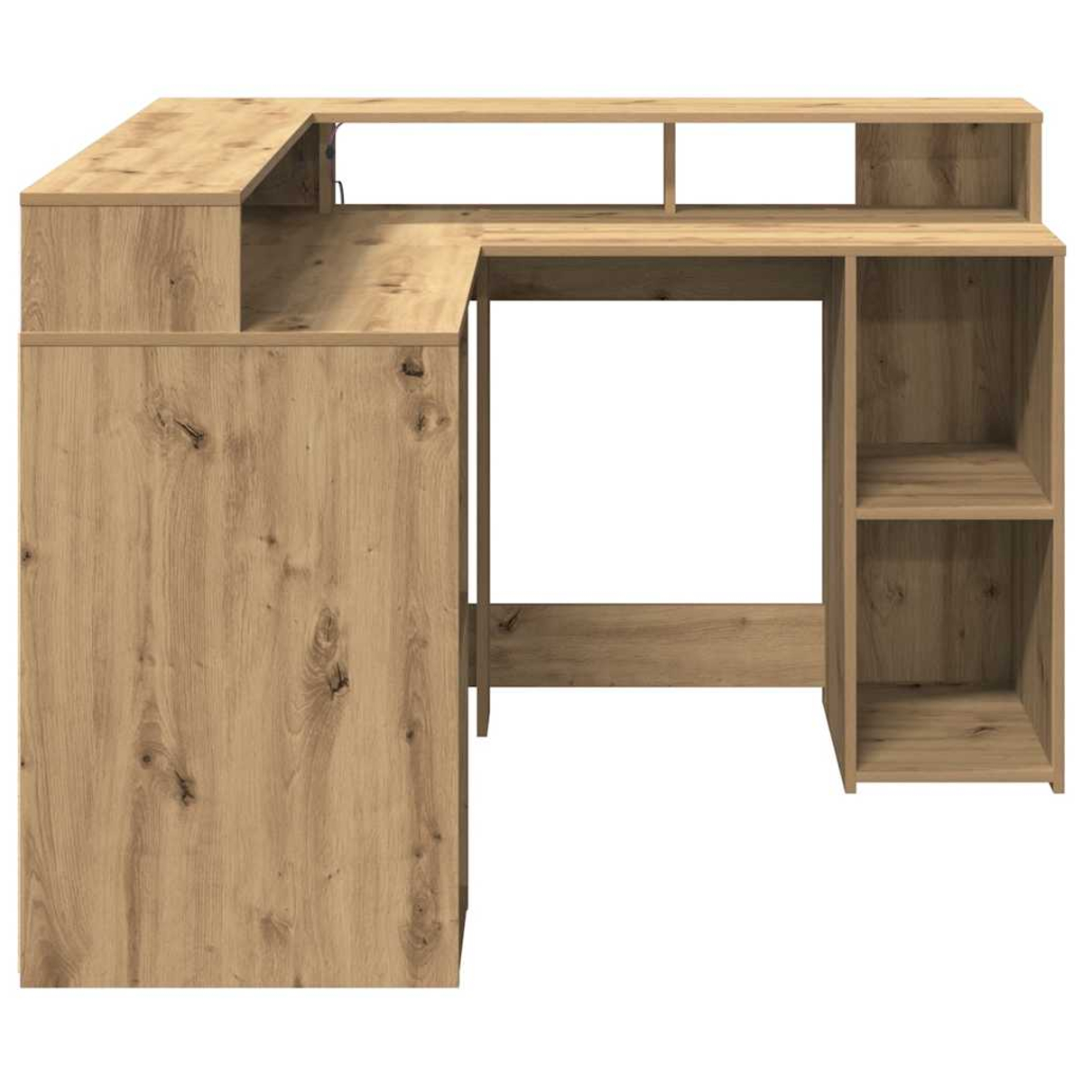 L-förmiger Holzschreibtisch mit Regalen. Hellbraune Farbe, sichtbare Holzmaserung. Merkmale Schreibtischfläche, Stauraum und offene Bereiche.