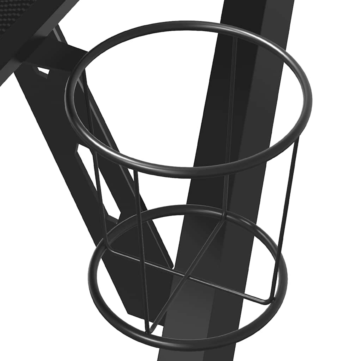 Ein schwarzer Metallbecherhalter, Teil einer größeren Struktur, wird vor einem weißen Hintergrund gezeigt. Der Halter hat zwei kreisförmige Ringe und eine Stütze.