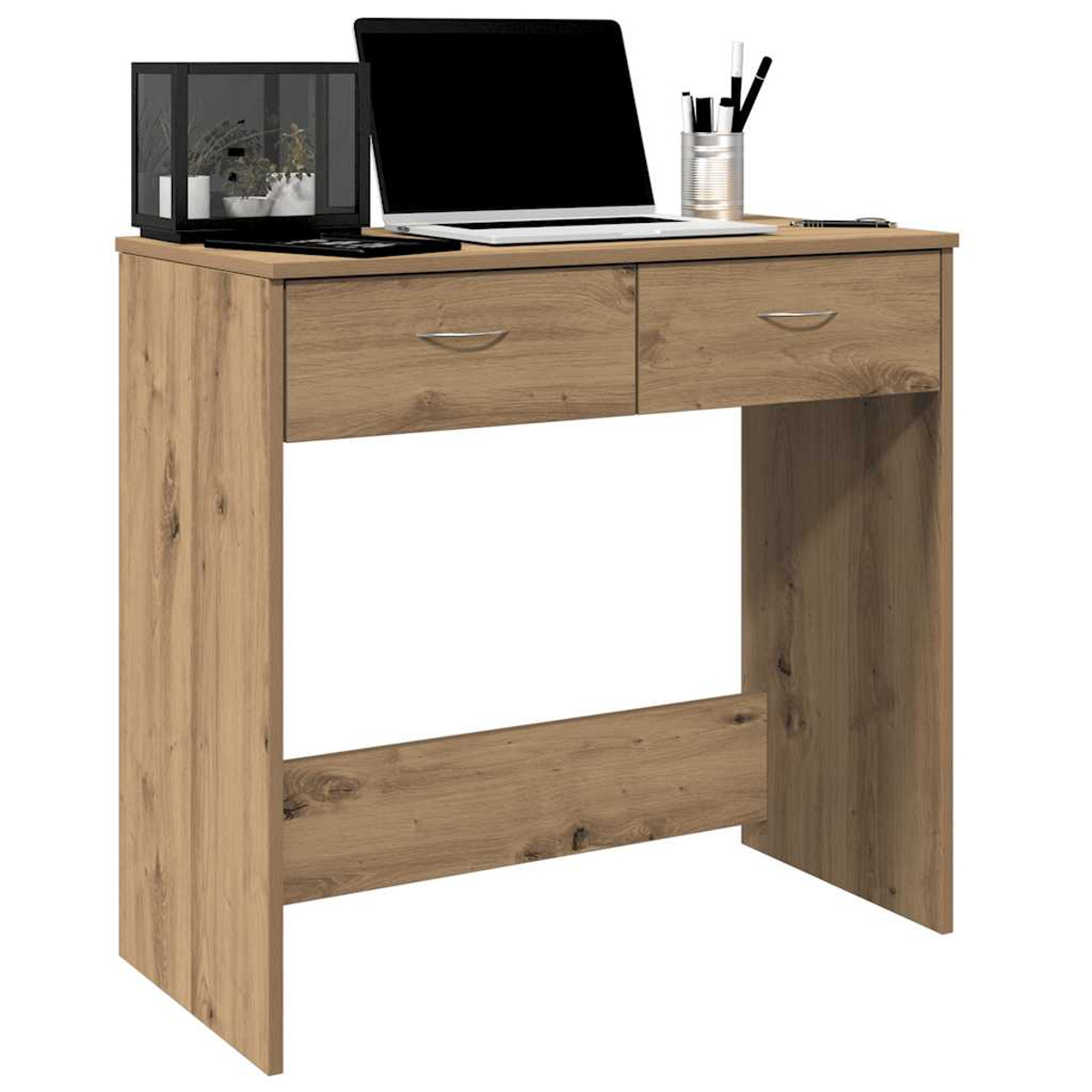 Ein kleiner Holzschreibtisch mit Laptop, Stiften und einem kleinen Terrarium. Der Schreibtisch hat zwei Schubladen.