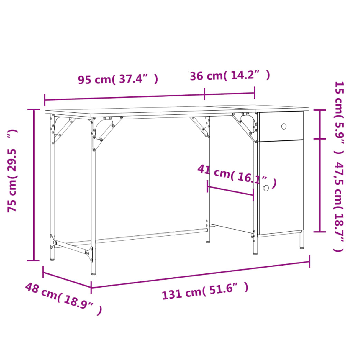Diagramm eines Schreibtisches mit Maßangaben in cm und Zoll. Der Schreibtisch hat eine Schublade und ein Metallgestell.