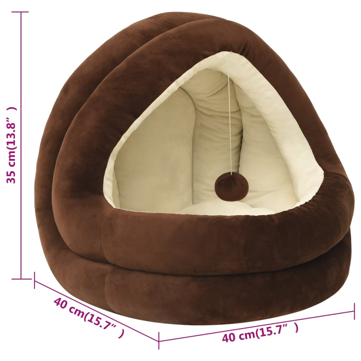 Ein braunes Haustierbett mit Maßen. Innen ein cremefarbenes Innere und ein hängender Ball. Das Bett ist auf weißem Hintergrund.