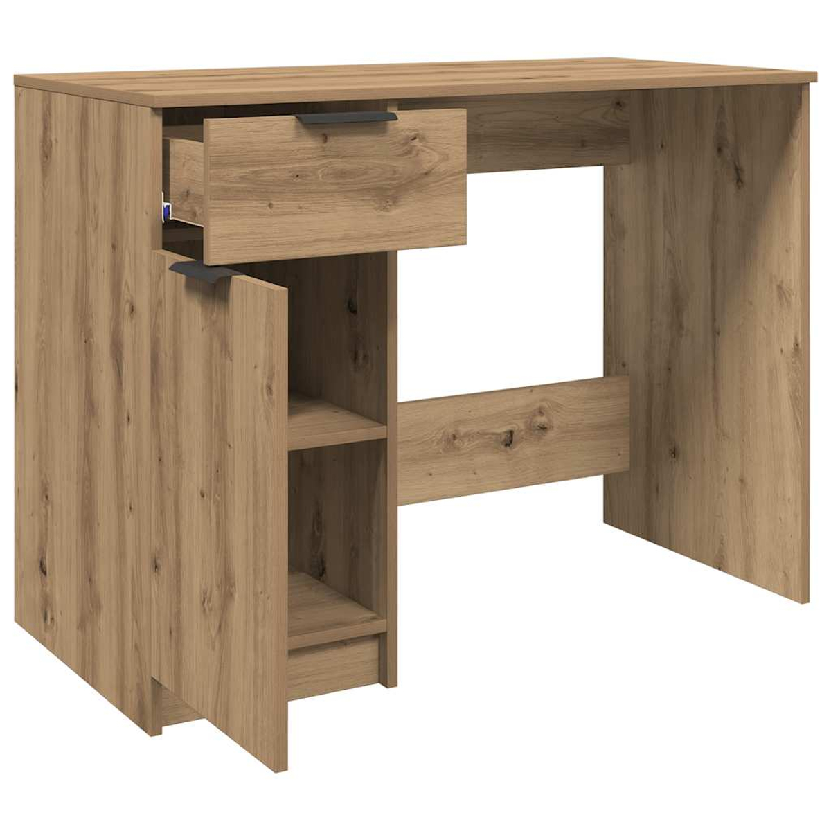 Ein Holzschreibtisch mit Schublade, Schrank und Regalen. Der Schreibtisch ist hellbraun mit schwarzen Griffen und einer großen Arbeitsfläche.