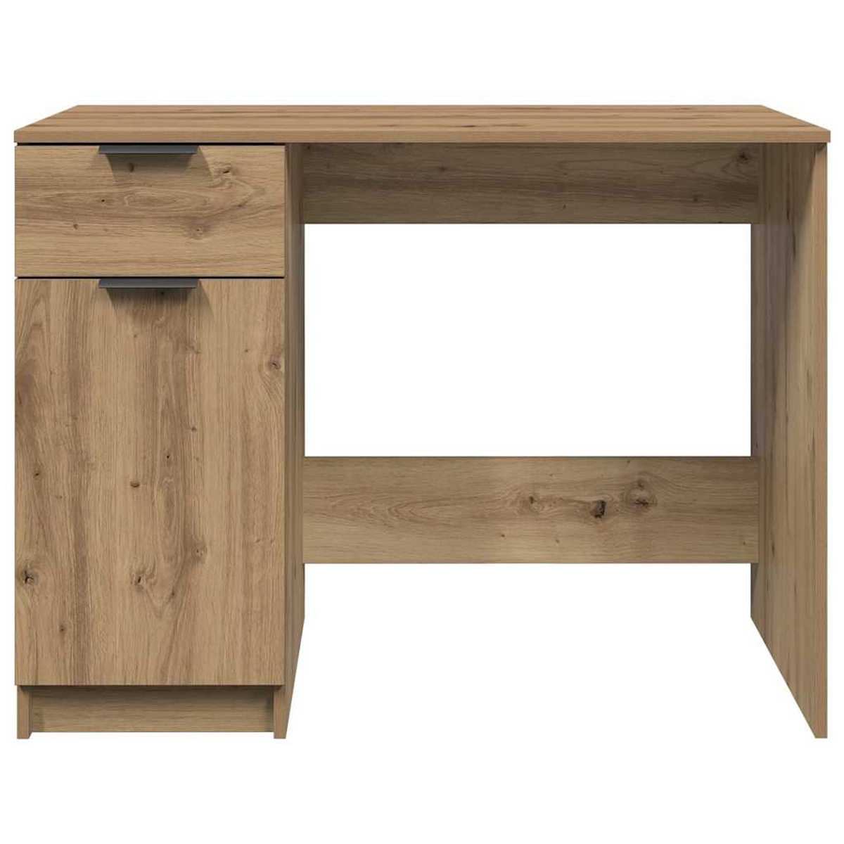 Holzschreibtisch mit Schublade und Schrank. Er hat eine hellbraune Holzmaserung. Der Schreibtisch hat eine rechteckige Oberseite und eine große offene Fläche.