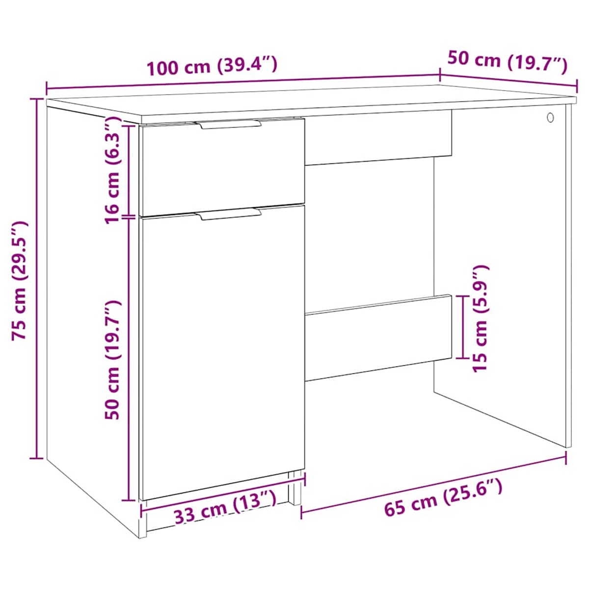 Ein weißer Schreibtisch mit Schubladen und einem Schrank wird mit Maßen in cm und Zoll dargestellt. Der Schreibtisch ist rechteckig.