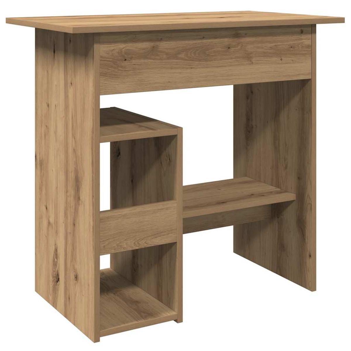 Ein Holztisch mit hellbraunem Finish, mit Tischplatte, Regalen und einer Tragstruktur mit Holzmaserung.