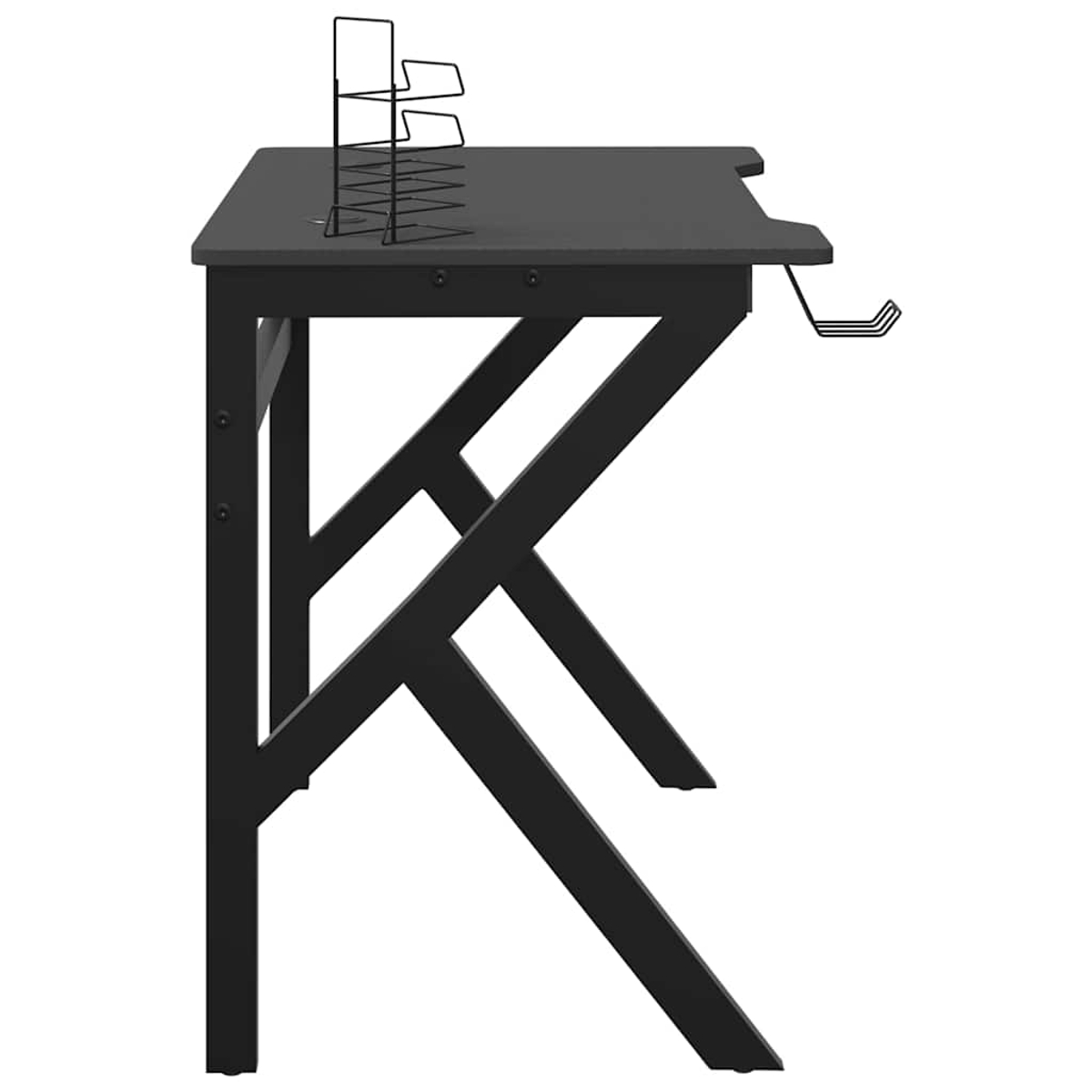 Schwarzer Gaming-Schreibtisch mit Metallrahmen. Zu den Merkmalen gehören ein Kopfhörerhalter und ein Monitorständer. Der Schreibtisch steht auf weißem Hintergrund.