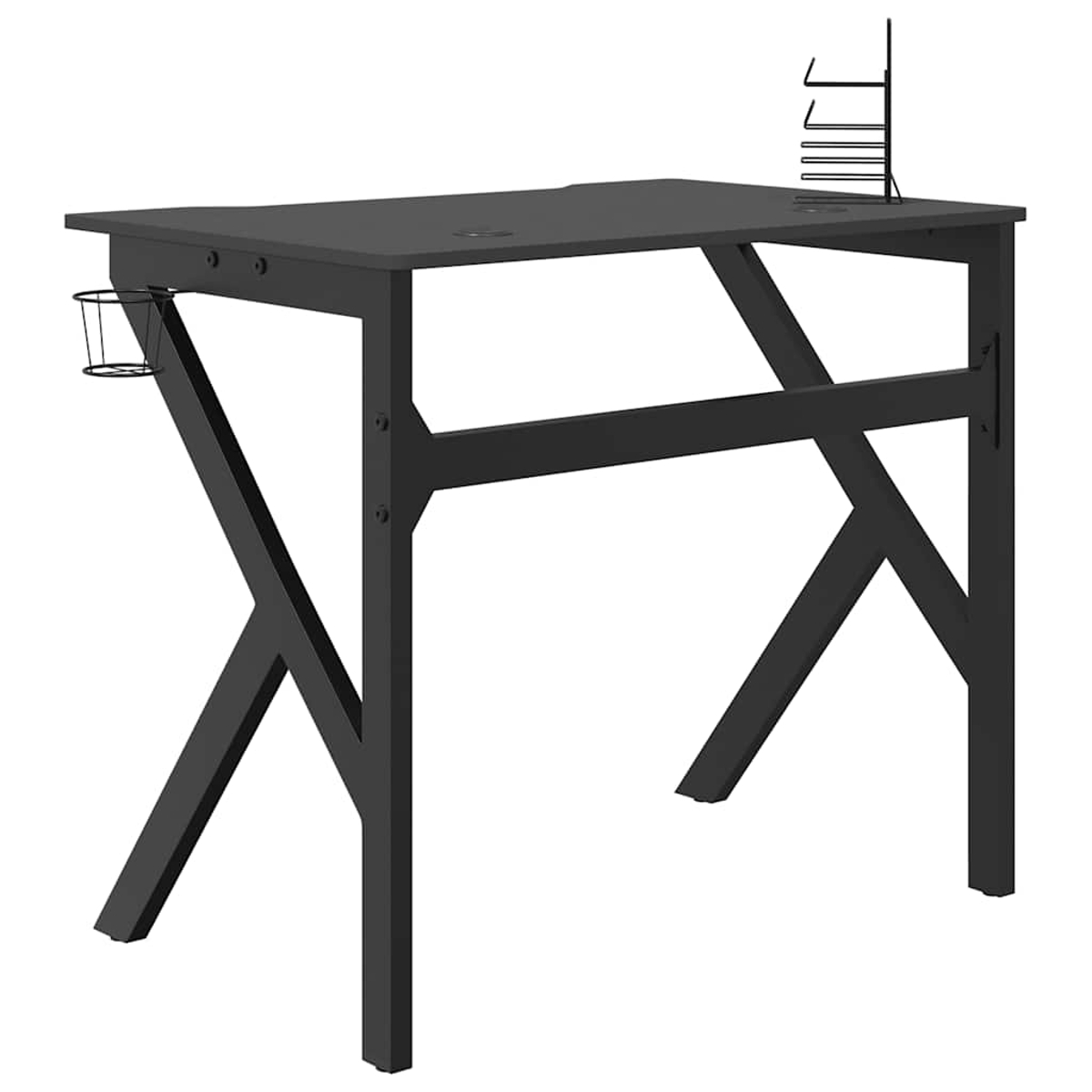 Ein schwarzer Gaming-Schreibtisch mit X-förmigem Bein-Design. Er verfügt über einen Getränkehalter, einen Kopfhörerständer und Löcher für Kabel.
