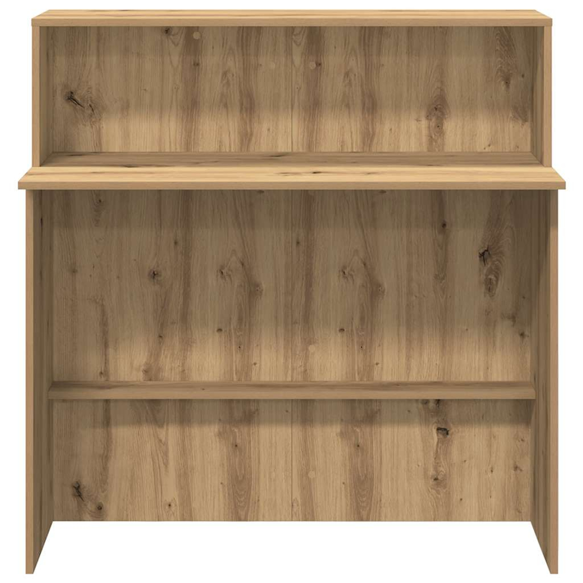 Ein Holzschrank mit einem Regal in der Mitte und einem oberen Regal. Der Schrank besteht aus hellbraunem Holz.