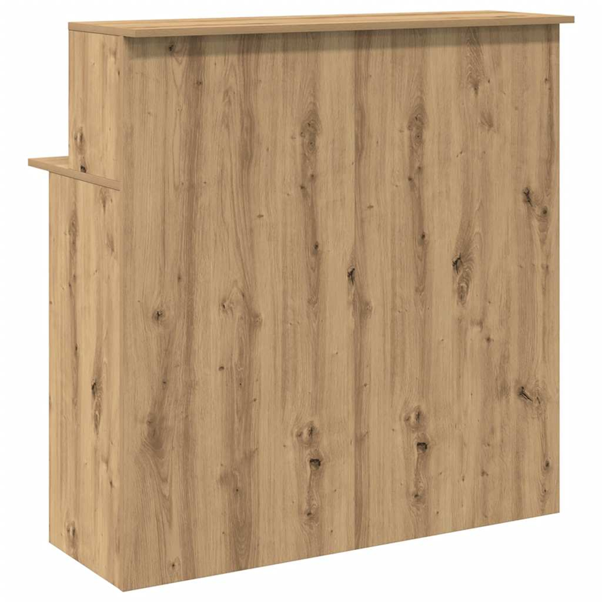 Eine hölzerne Bartheke, hellbraun mit Holzmaserung. Sie hat eine Oberseite, eine Seite und ein kleines Regal an der Seite, alles mit ähnlichem Holzfinish.