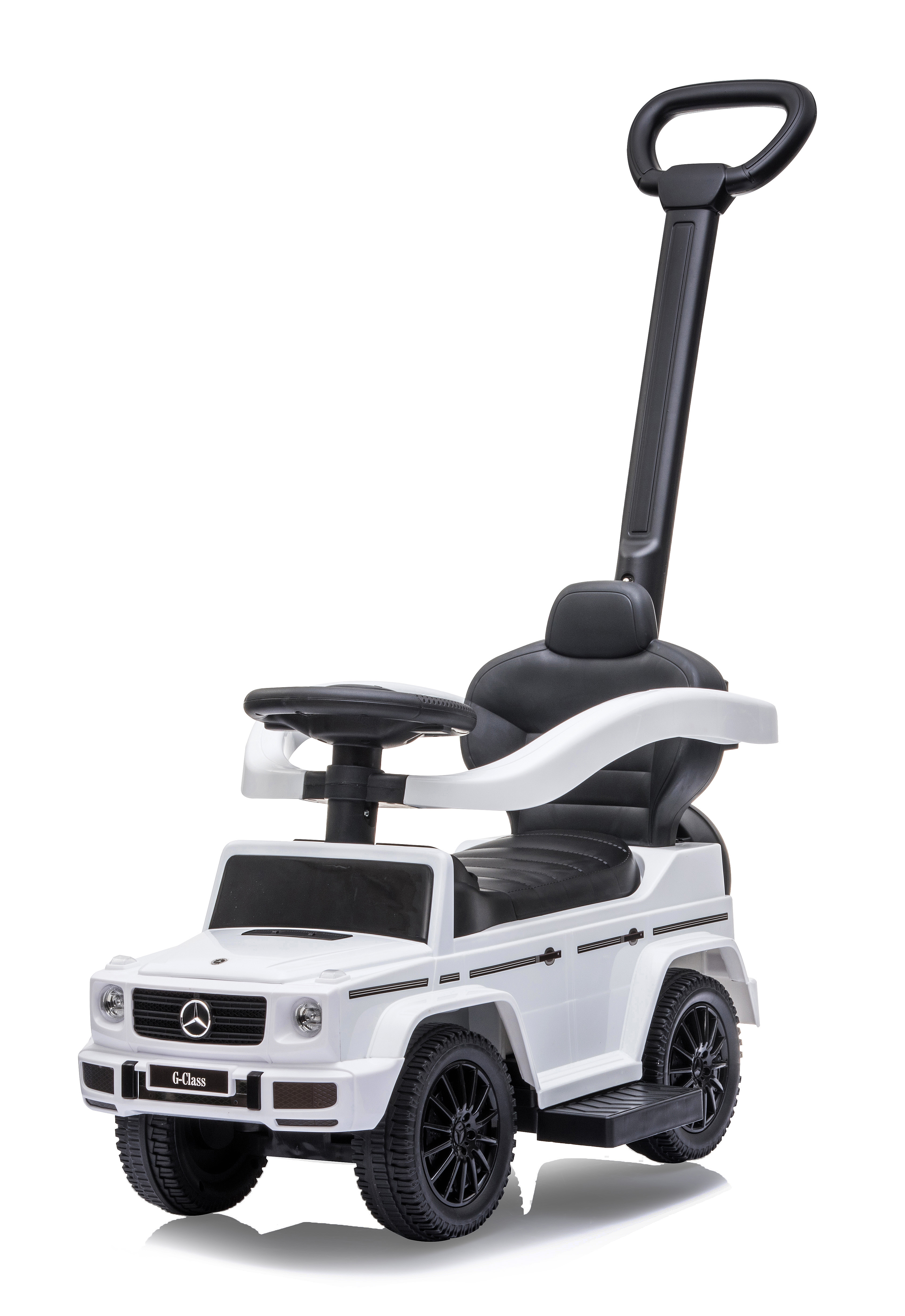Un'auto giocattolo bianca Mercedes-Benz Classe G con ruote nere, volante e maniglia. Lo sfondo è bianco.