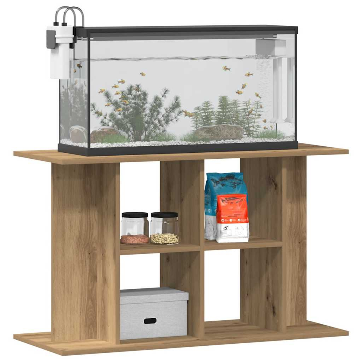 Ein Aquarium mit Fischen steht auf einem Holzständer. Der Ständer hat Regale mit Gläsern, Fischfuttertüten und einer grauen Box.