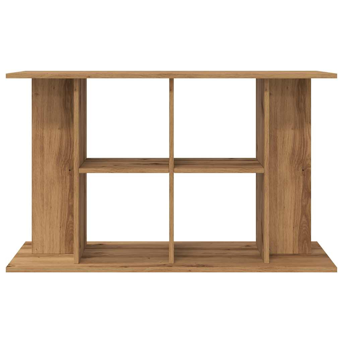 Ein Bücherregal aus Holz mit vier offenen Fächern. Es hat vertikale Stützen an den Seiten und horizontale Regale innen. Die Farbe ist hellbraun.