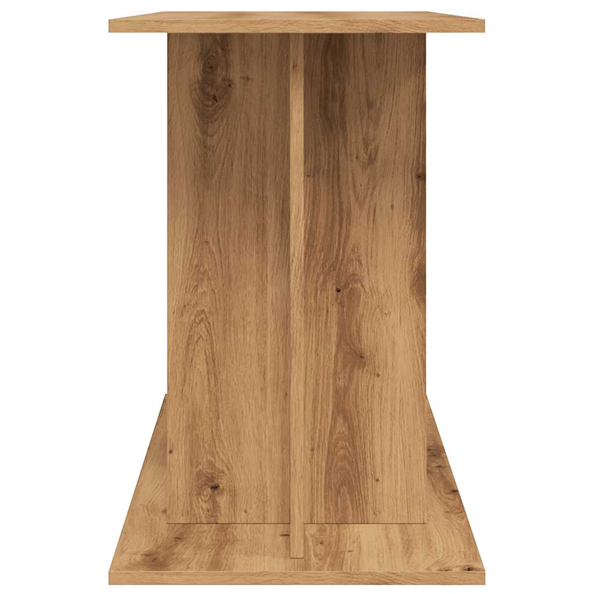 Ein Holztisch mit rechteckiger Platte und zentraler Stütze. Das Holz hat eine natürliche Maserung und eine warme braune Farbe.