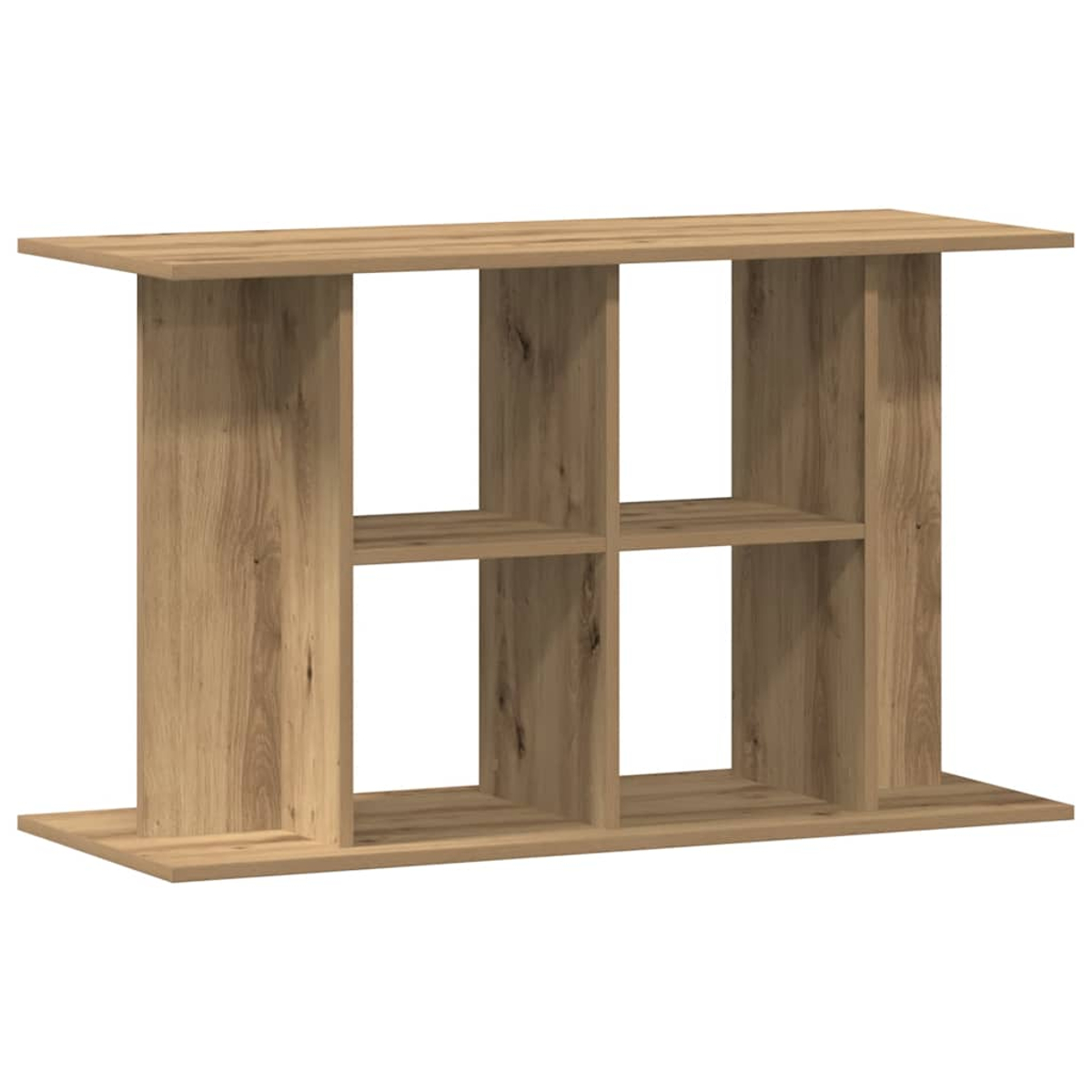 Ein Holzregal mit vier offenen Fächern. Es hat eine rechteckige Ober- und Unterseite mit vertikalen Stützen, alles in hellbrauner Farbe.