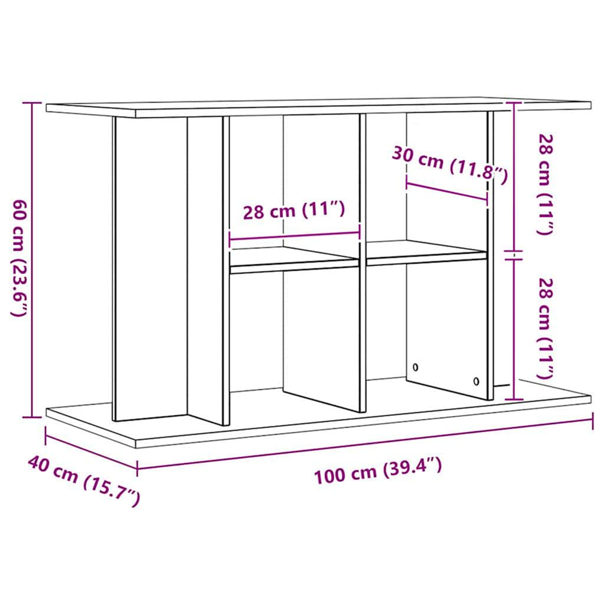 Diagramm eines weißen Schranks mit Abmessungen: 100 cm breit, 60 cm hoch und 40 cm tief, mit Regalen.