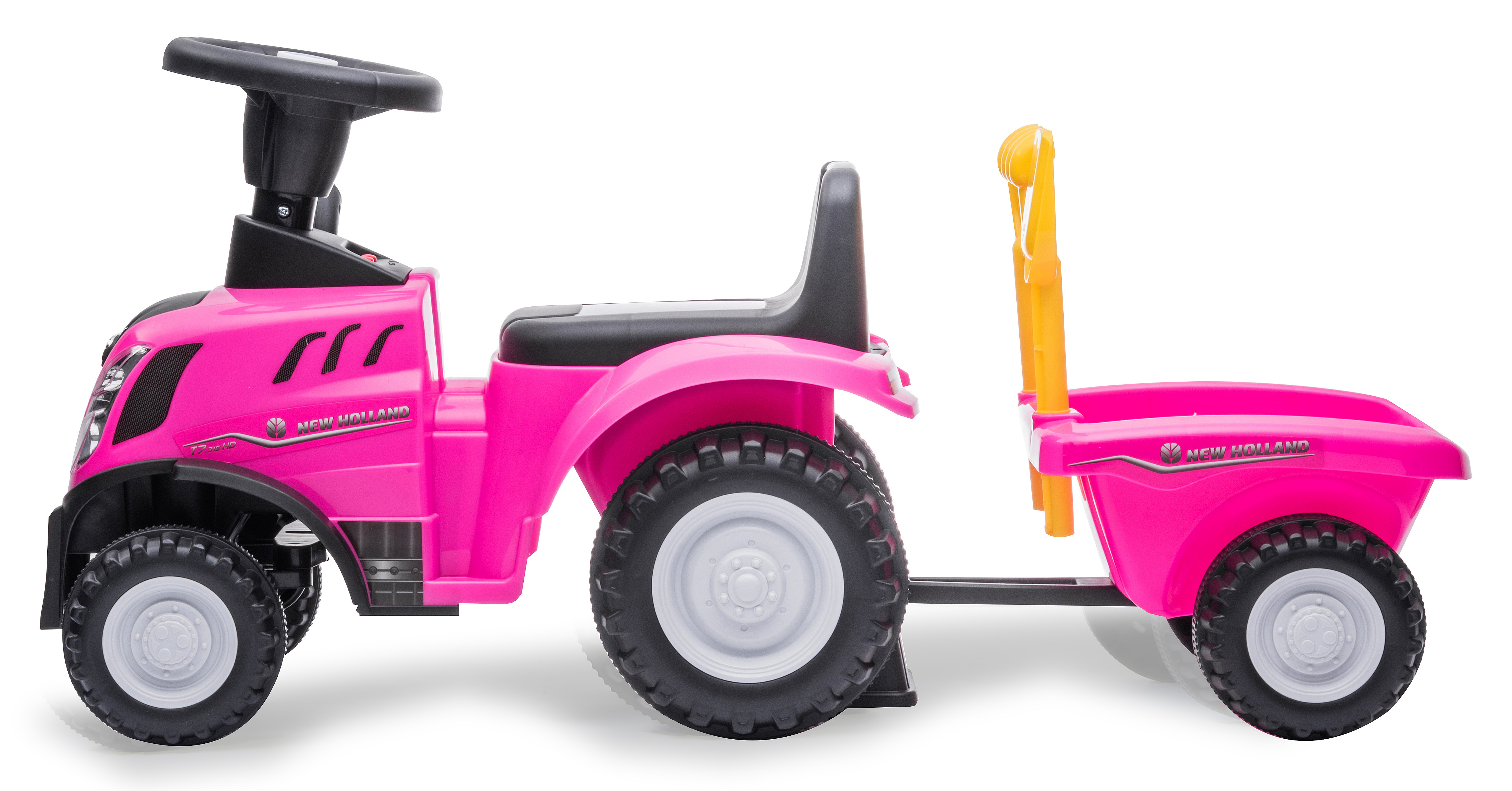 Un juguete de tractor New Holland rosa con asiento y volante negros y un remolque amarillo.