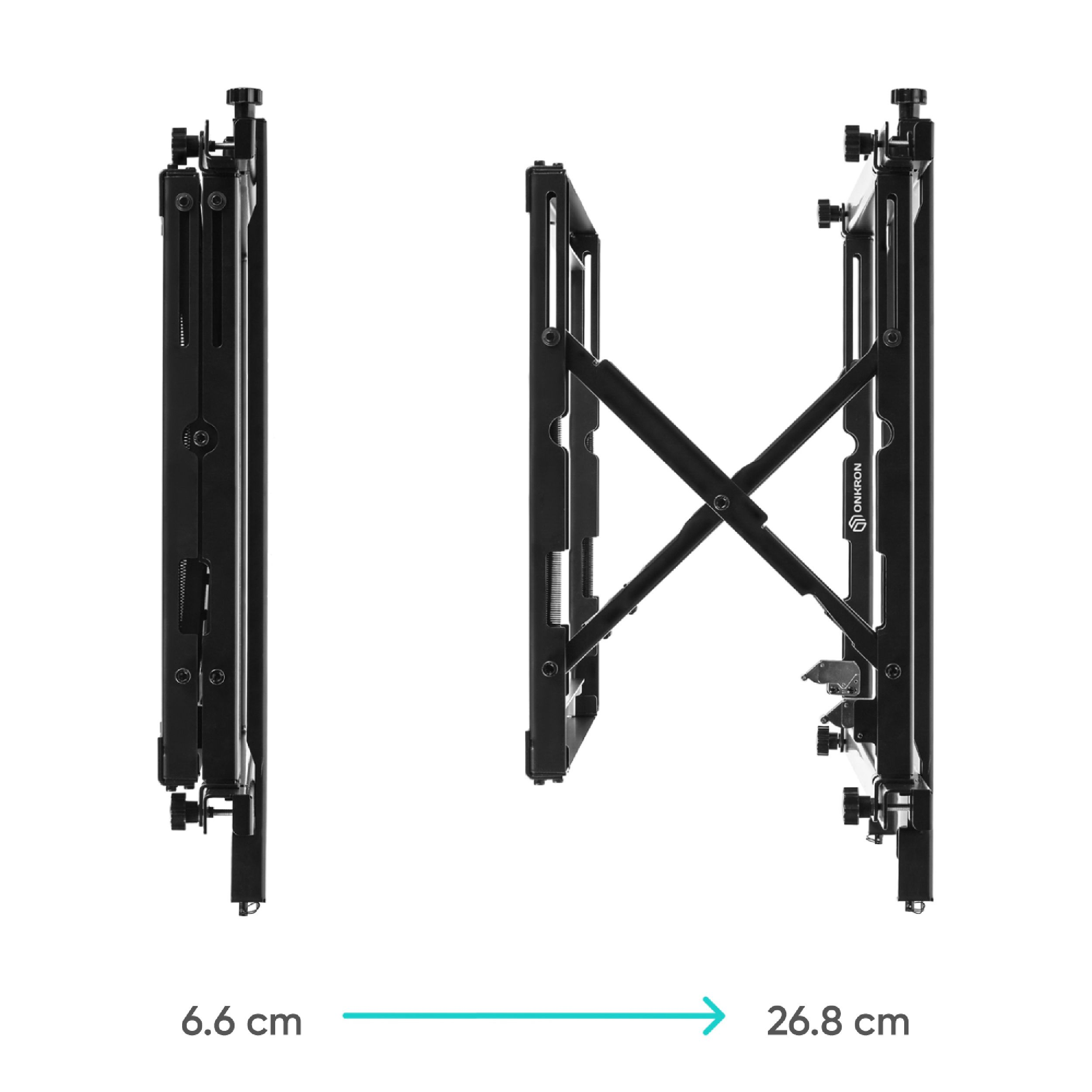 Schwarze TV-Wandhalterung. Sie zeigt eine gefaltete und eine ausgeklappte Ansicht. Die Maße sind 6,6 cm und 26,8 cm.