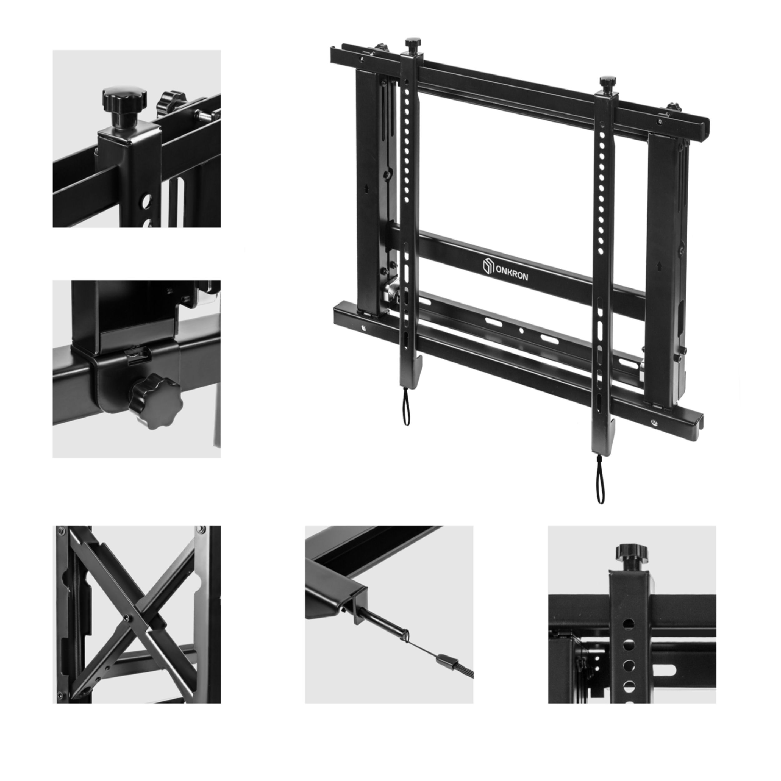 Eine schwarze TV-Wandhalterung. Sie hat verstellbare Halterungen und Befestigungslöcher. Verschiedene Nahaufnahmen sind ebenfalls vorhanden.