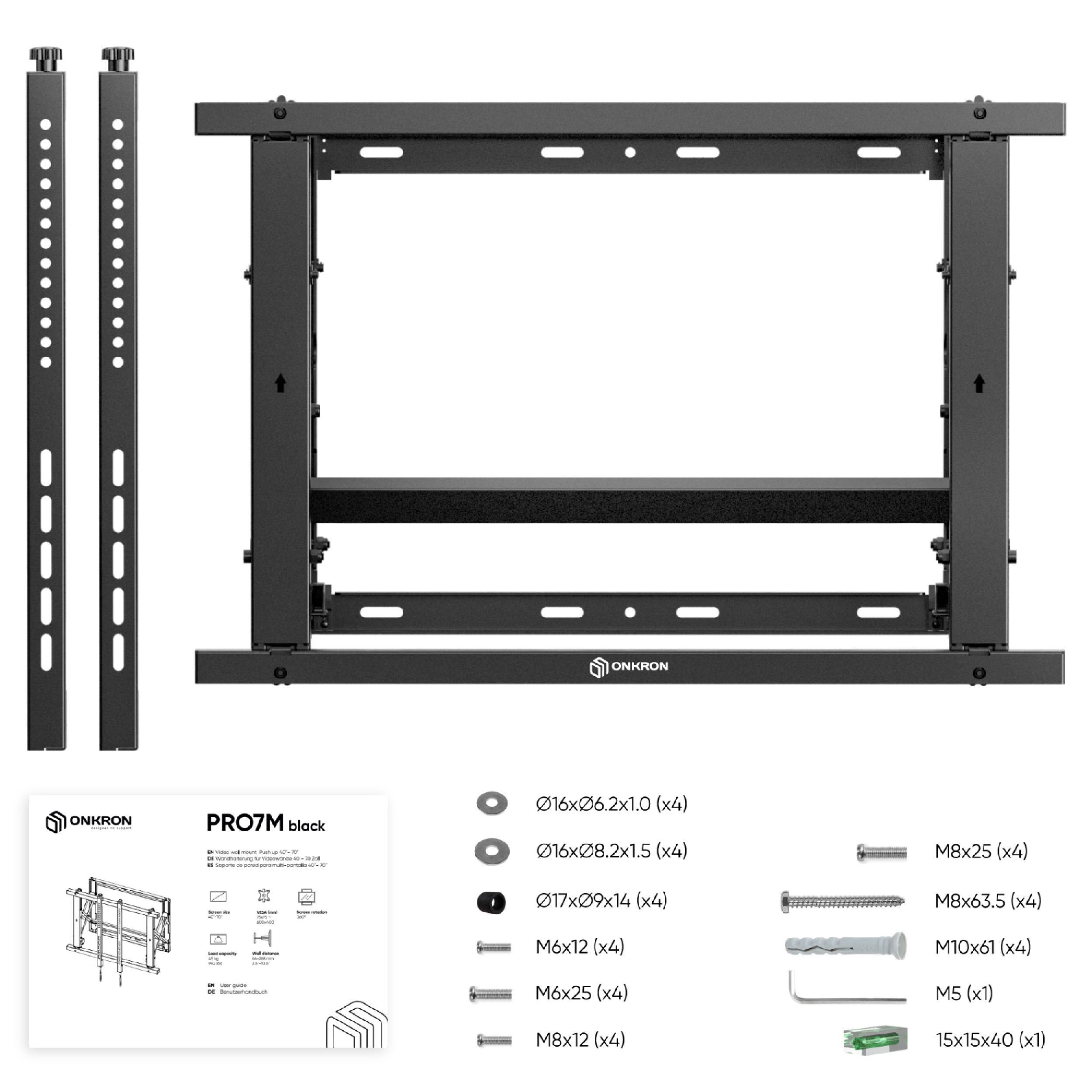 Schwarzes TV-Wandhalterungs-Kit mit Komponenten, Schrauben und einer Bedienungsanleitung. Enthält Halterungen und Hardware.