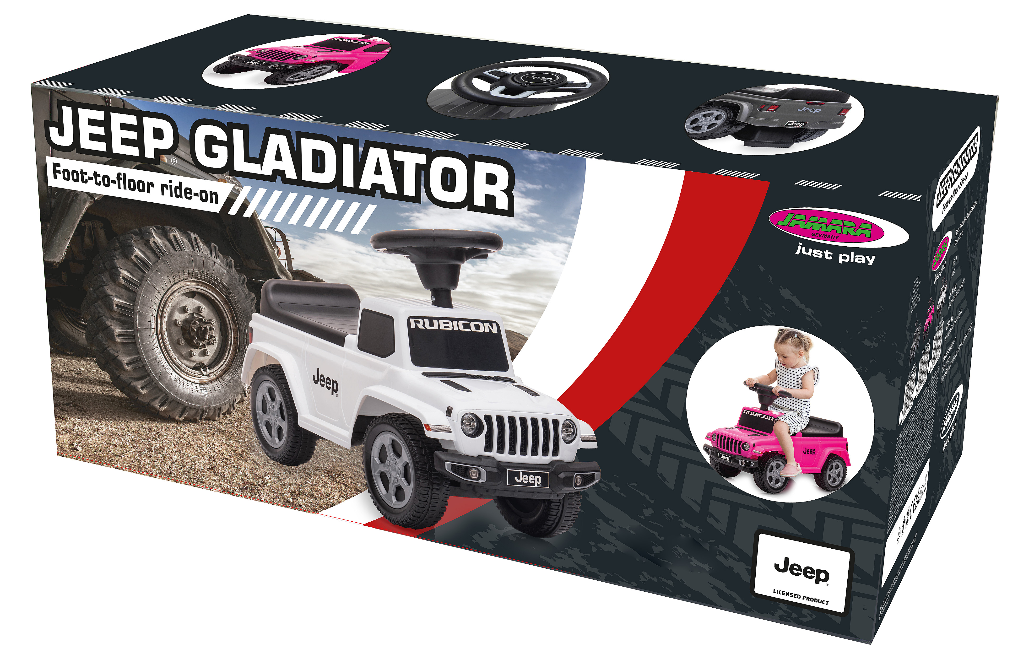 Karton mit einem weißen Jeep Gladiator Spielzeug zum Aufsitzen, einem rosa Spielzeug und einem Kind, das den rosa Jeep fährt.