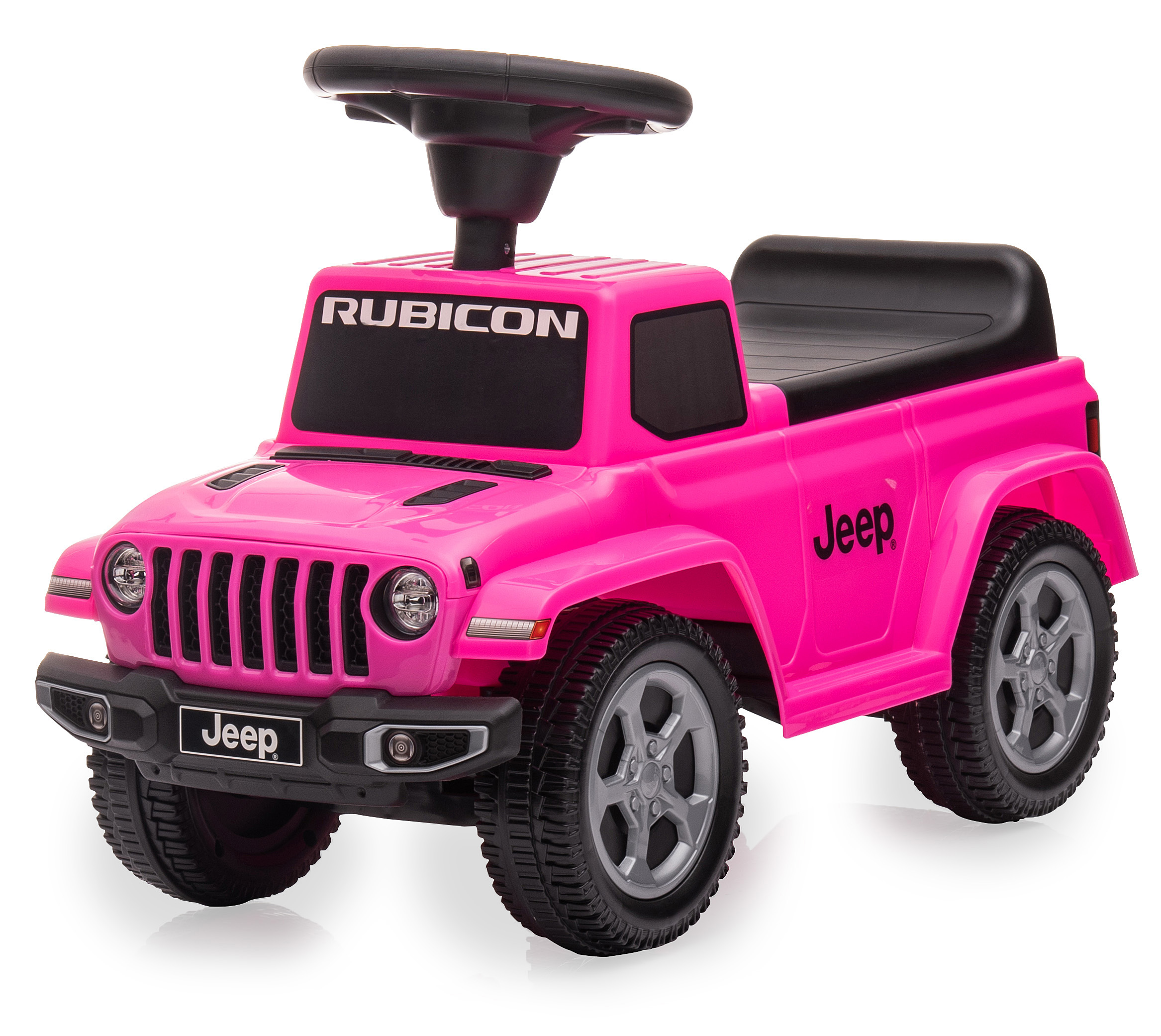 Ein pinkfarbener Spielzeug-Jeep Rubicon. Er hat schwarze Reifen, ein schwarzes Lenkrad und das Jeep-Logo. Der Hintergrund ist weiß.
