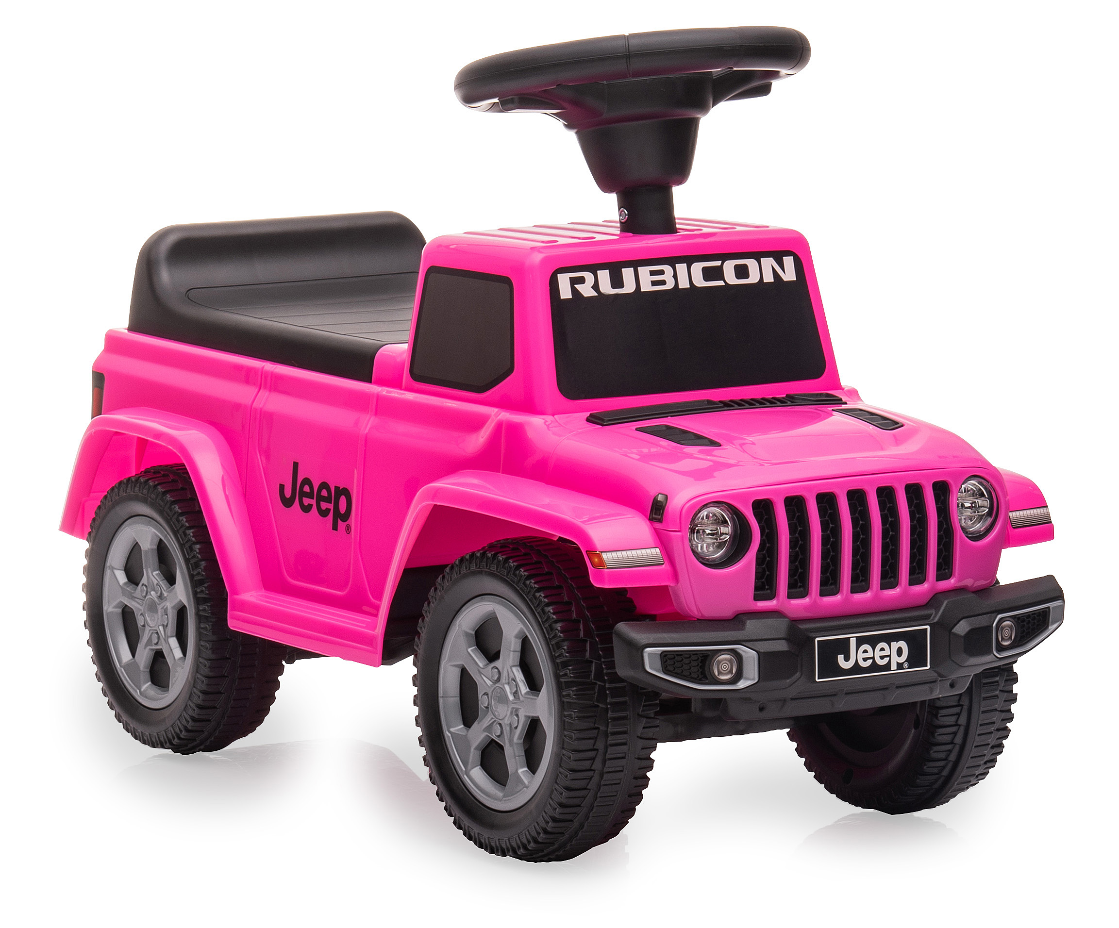 Ein rosa Jeep-Spielzeugauto mit schwarzem Lenkrad, schwarzen Sitzen und grauen Rädern vor weißem Hintergrund.