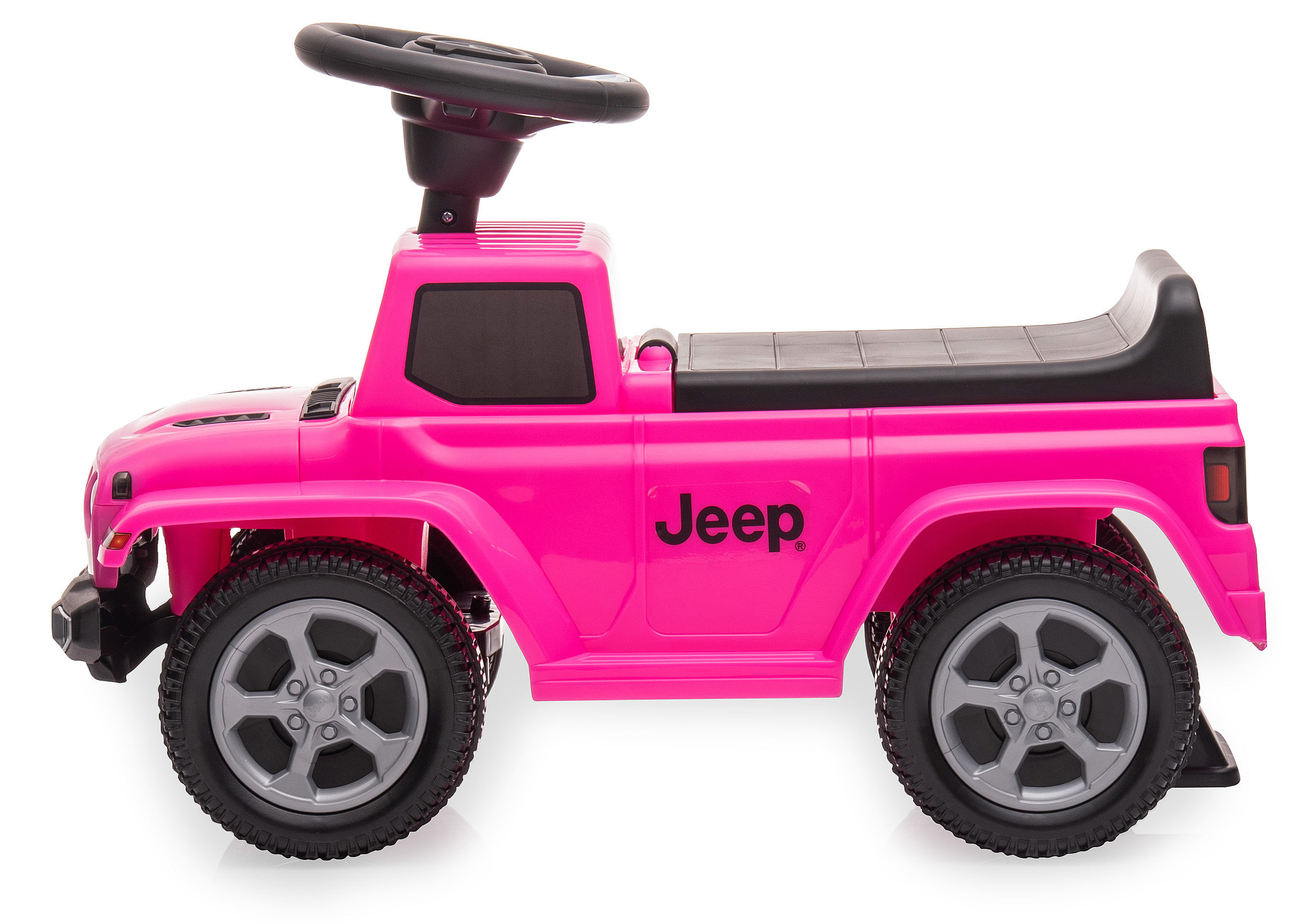 Ein pinkfarbenes Jeep-Spielzeugauto mit schwarzen Rädern und Lenkrad, Jeep-Logo und einem schwarzen Sitz.