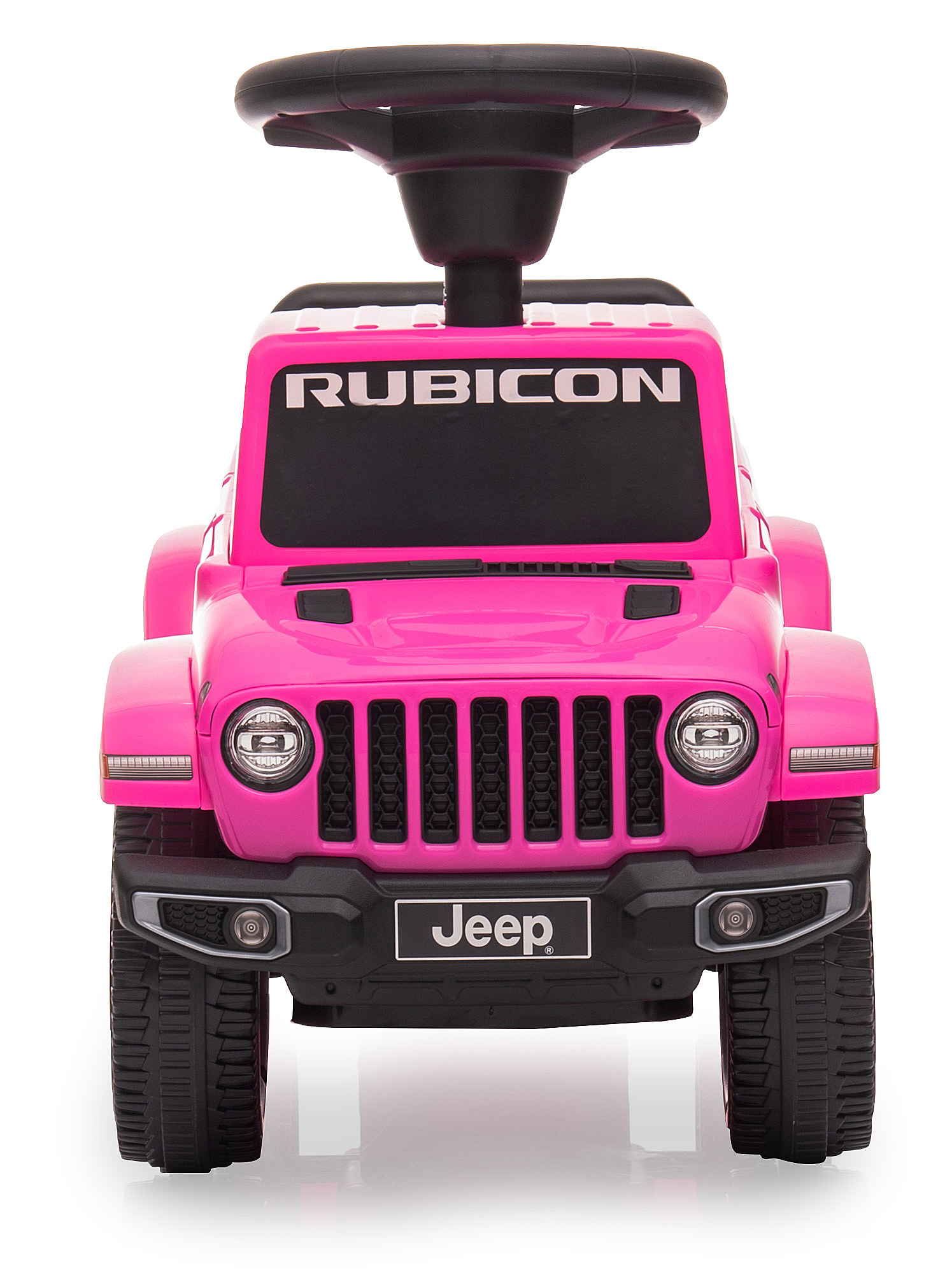 Ein pinkfarbenes Jeep-Spielzeug steht im Mittelpunkt vor einem weißen Hintergrund. Es hat ein Lenkrad und das Wort 'RUBICON' vorne.